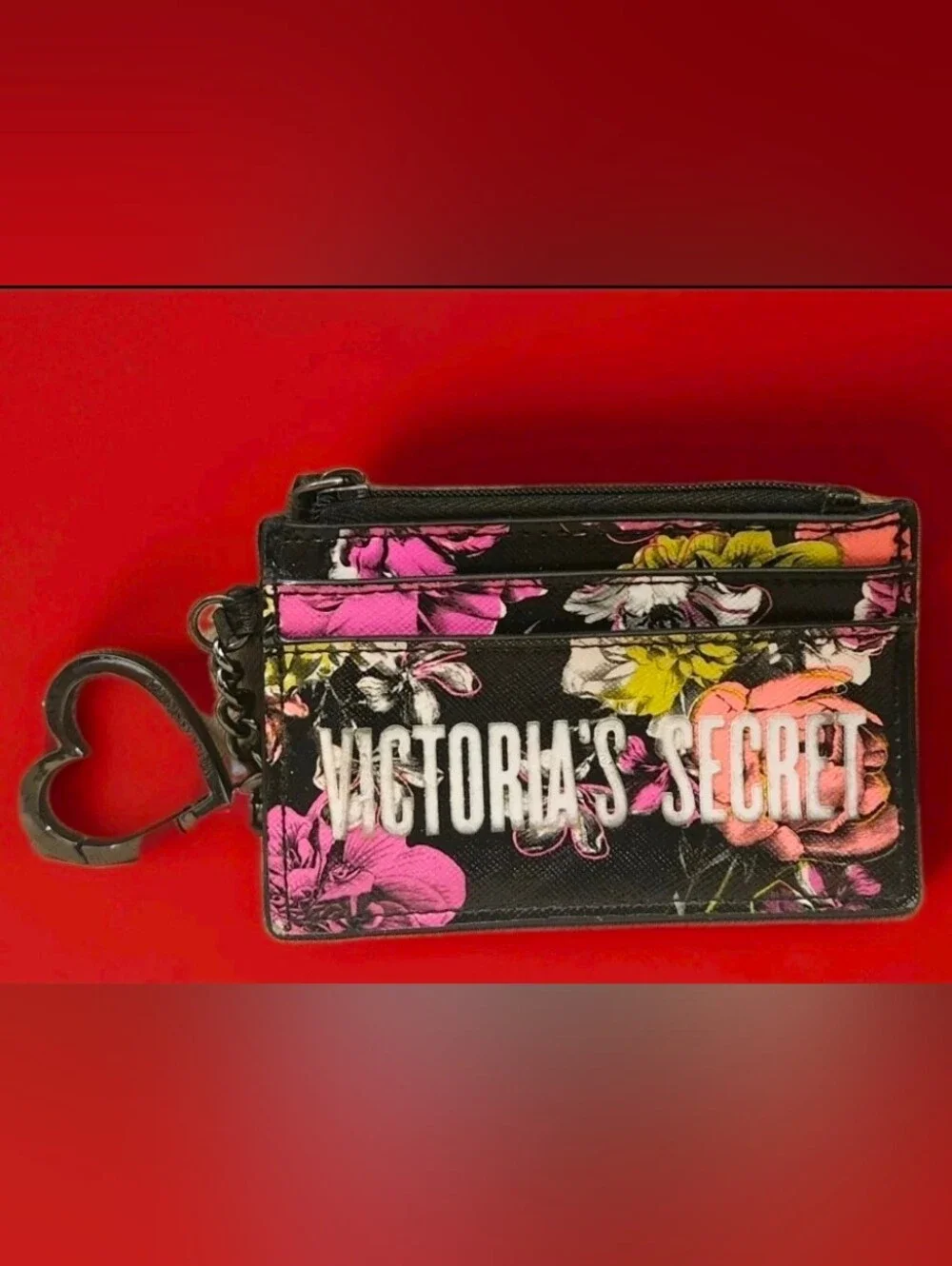 Victoria's Secret Black Floral Crossbody Card Holder with Pink and Yellow Blooms - Picture 1 of 3